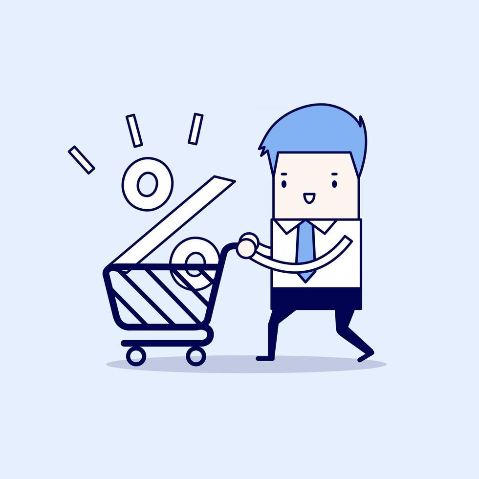 Interest Rate Shopping, Businessman shopping for a good interest rate percentage. Cartoon character thin line style vector. vector