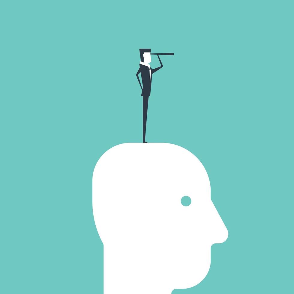Businessman with spyglasses standing on head. vector