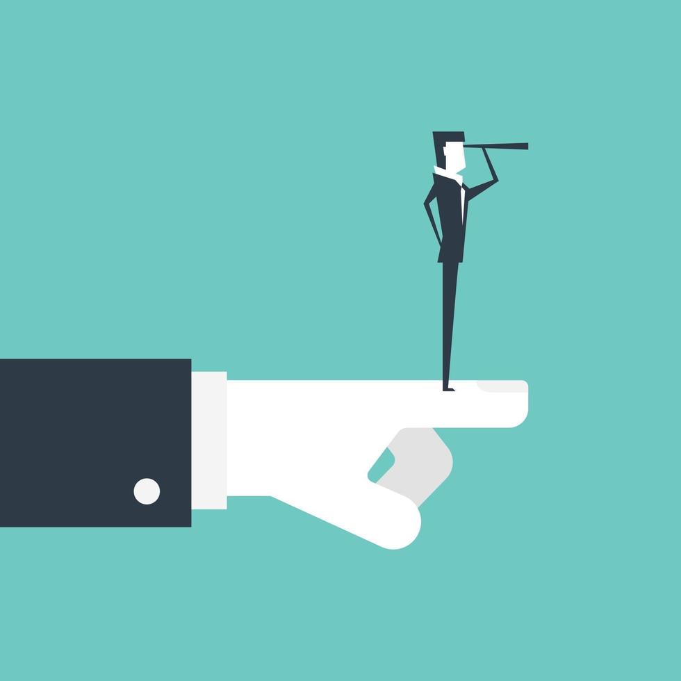 Businessman with telescope searching for opportunities and Boss hand pointing the best direction. vector