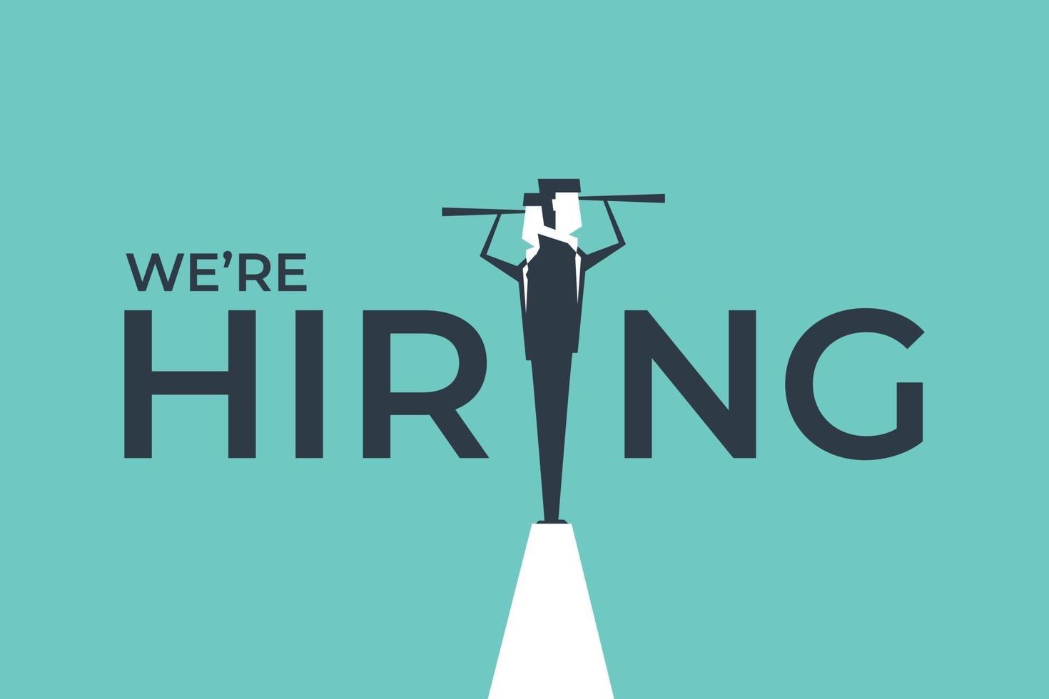 We're hiring concept with business man looking through telescope from a cliff. vector