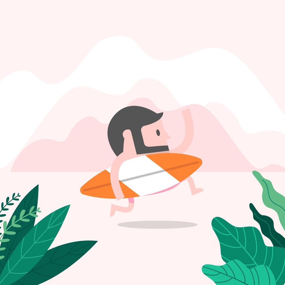 Hipster man on the beach with surfboard. summer concept. vector