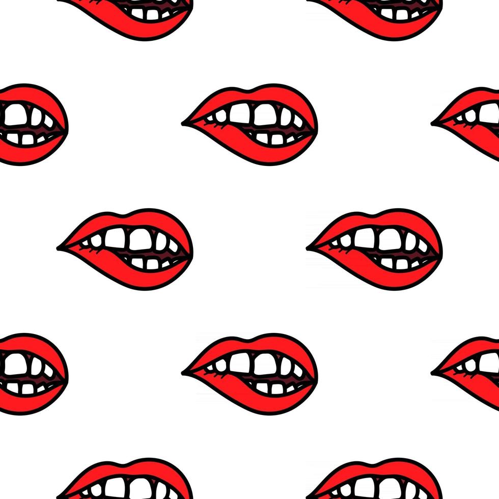 Red lips biting doodle seamless pattern background. vector