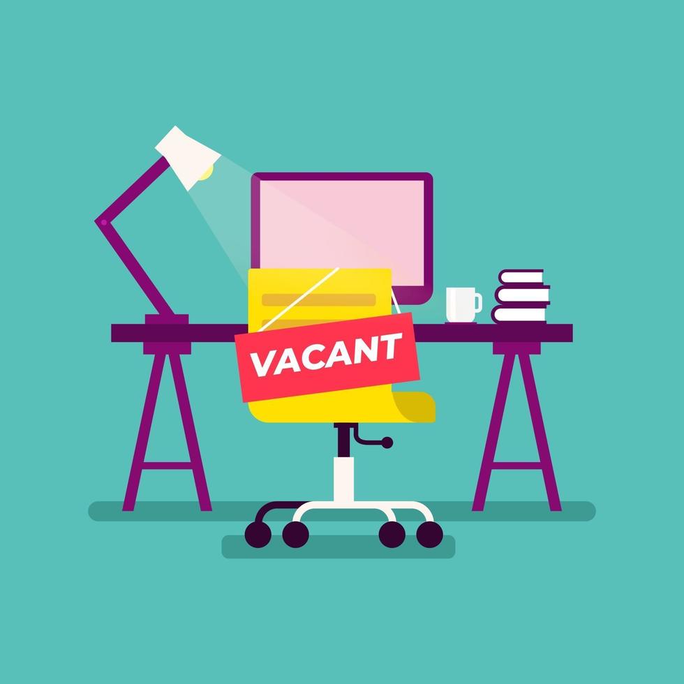 Vacant sign hung on the chair of empty office employee workplace. vector