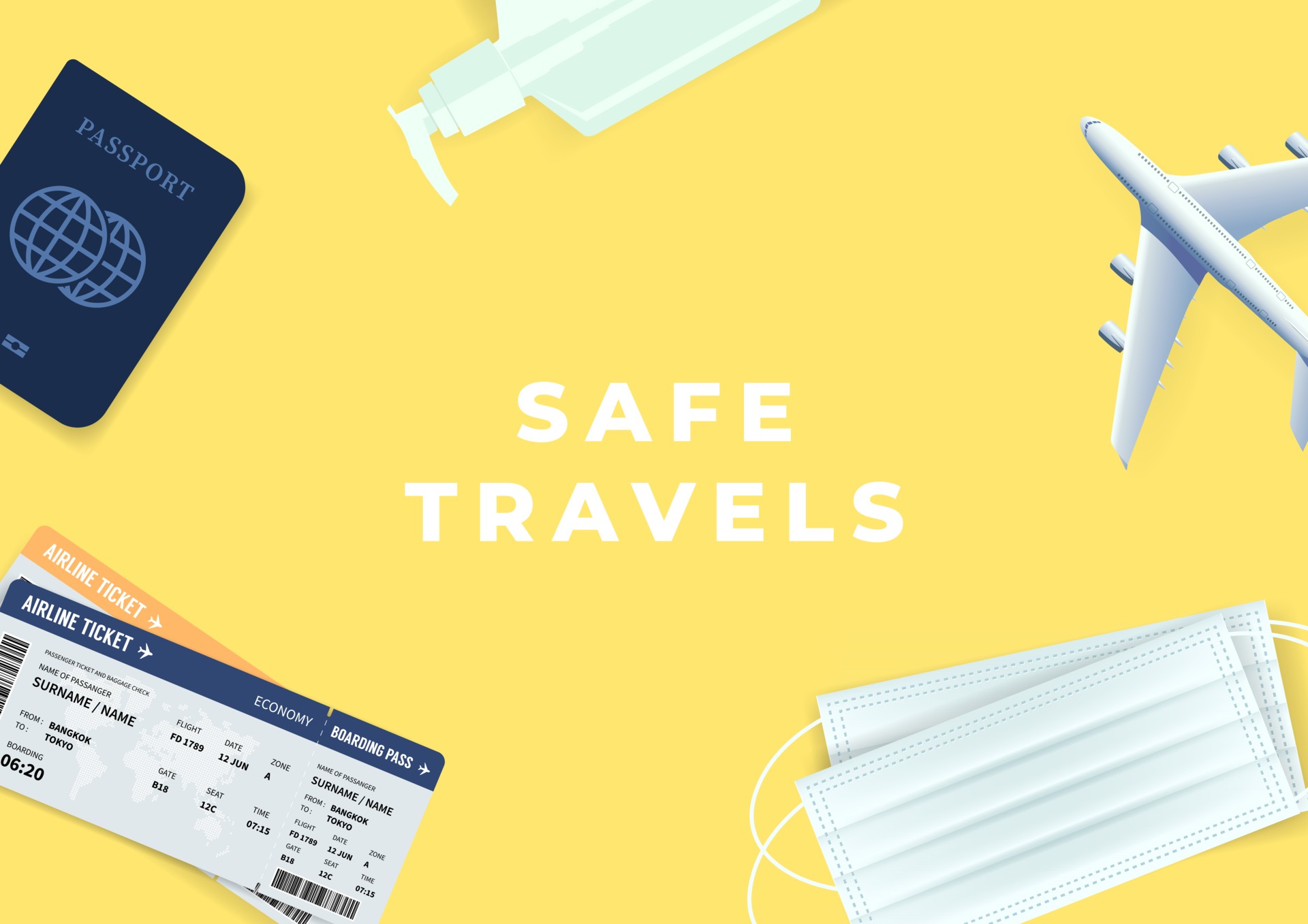 Passport Ticket Alcohol Gel And Mask For Returning To Travel On Yellow Background Tourism Safe Travels In Holiday Vector Art At Vecteezy