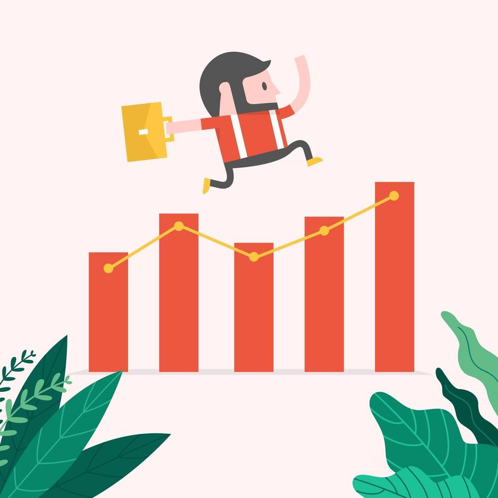 Hipster Businessman jump over growing chart. vector