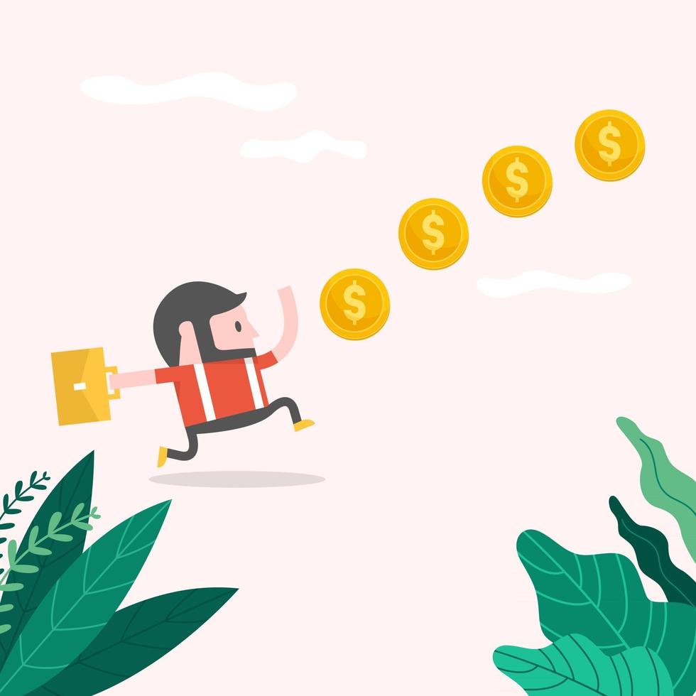 Hipster Businessman chasing coins video game style. vector