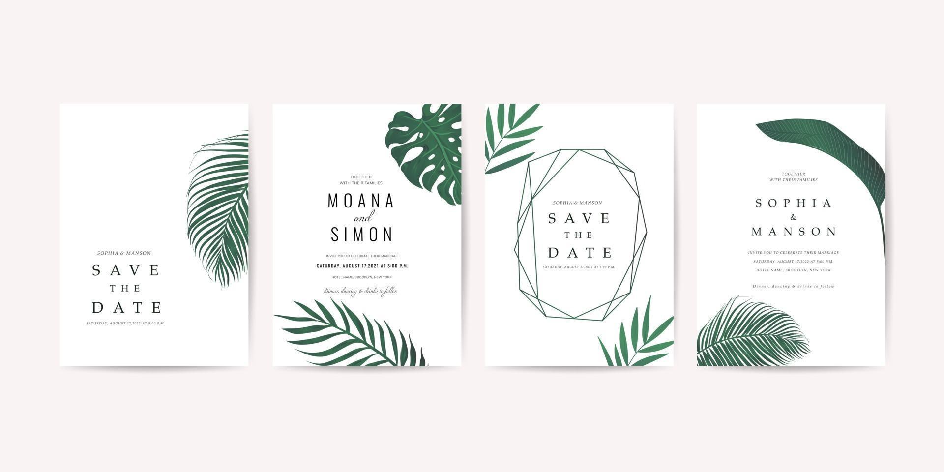 Colección de vectores de diseño de tarjeta de invitación de boda de oro tropical. Diseño estacionario para banner vip, impresión y fondo de portada.