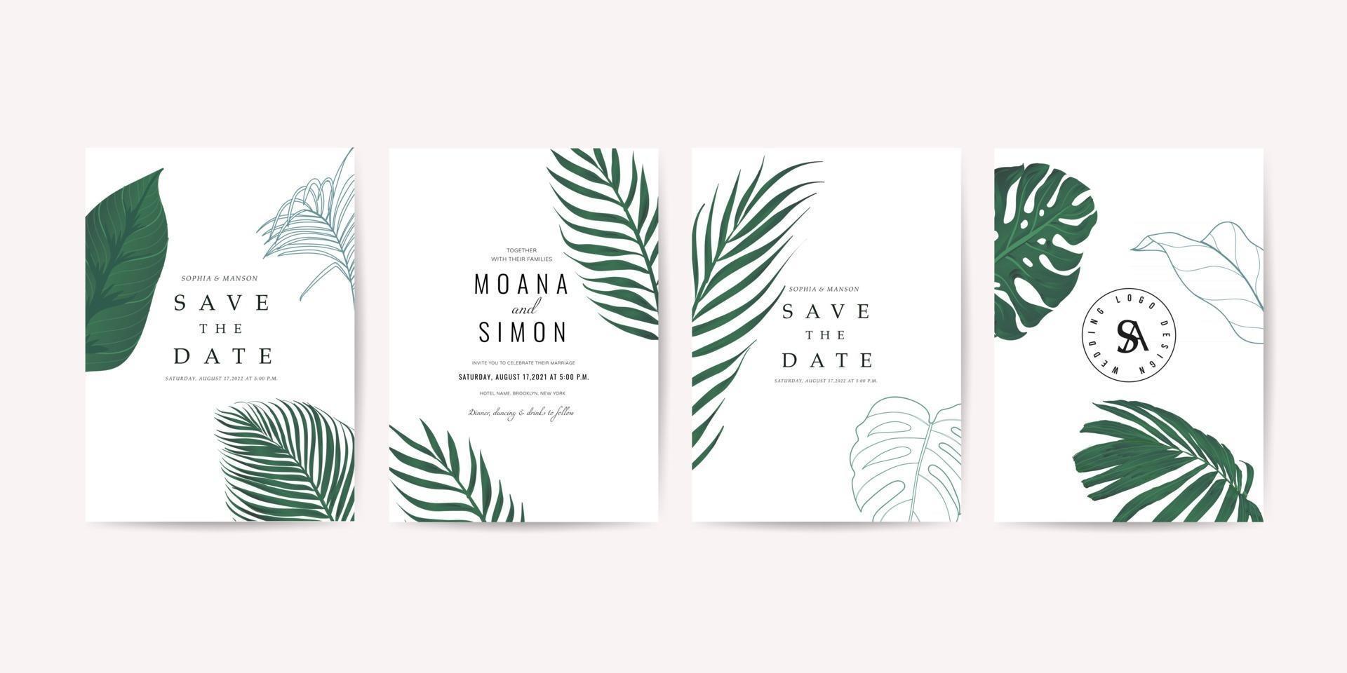 Colección de vectores de diseño de tarjeta de invitación de boda de oro tropical. Diseño estacionario para banner vip, impresión y fondo de portada.