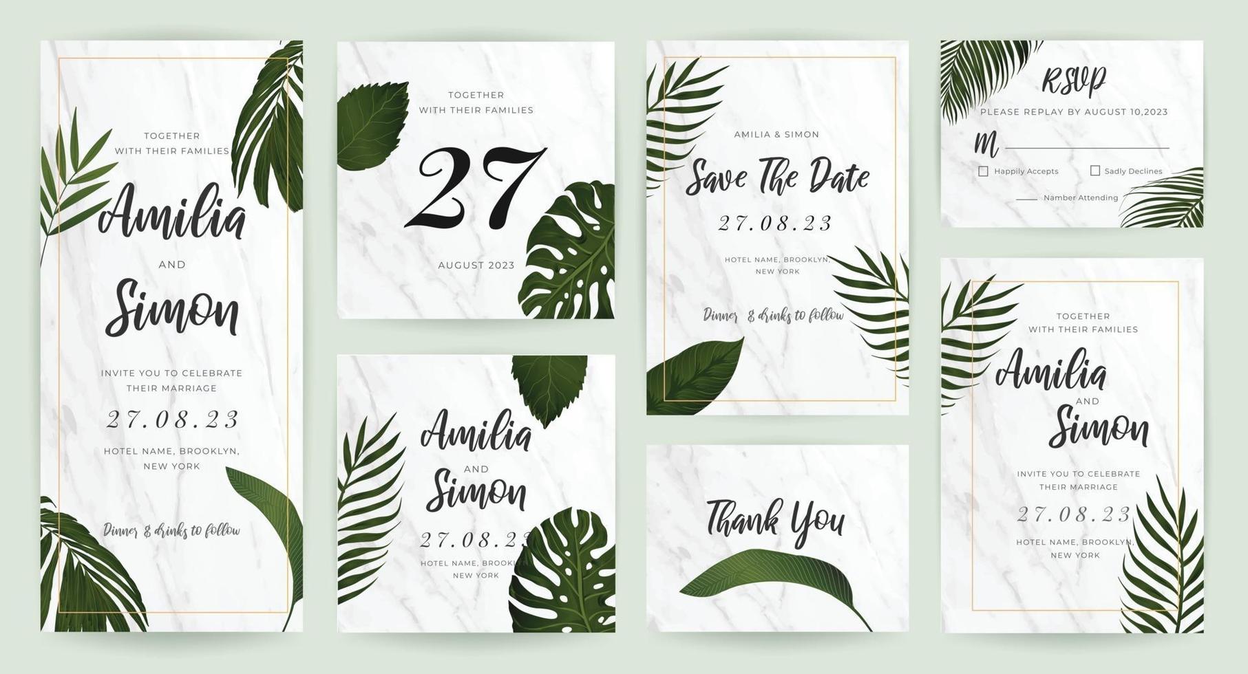 Colección de vectores de diseño de tarjeta de invitación de boda de oro tropical. Diseño estacionario para banner vip, impresión y fondo de portada.