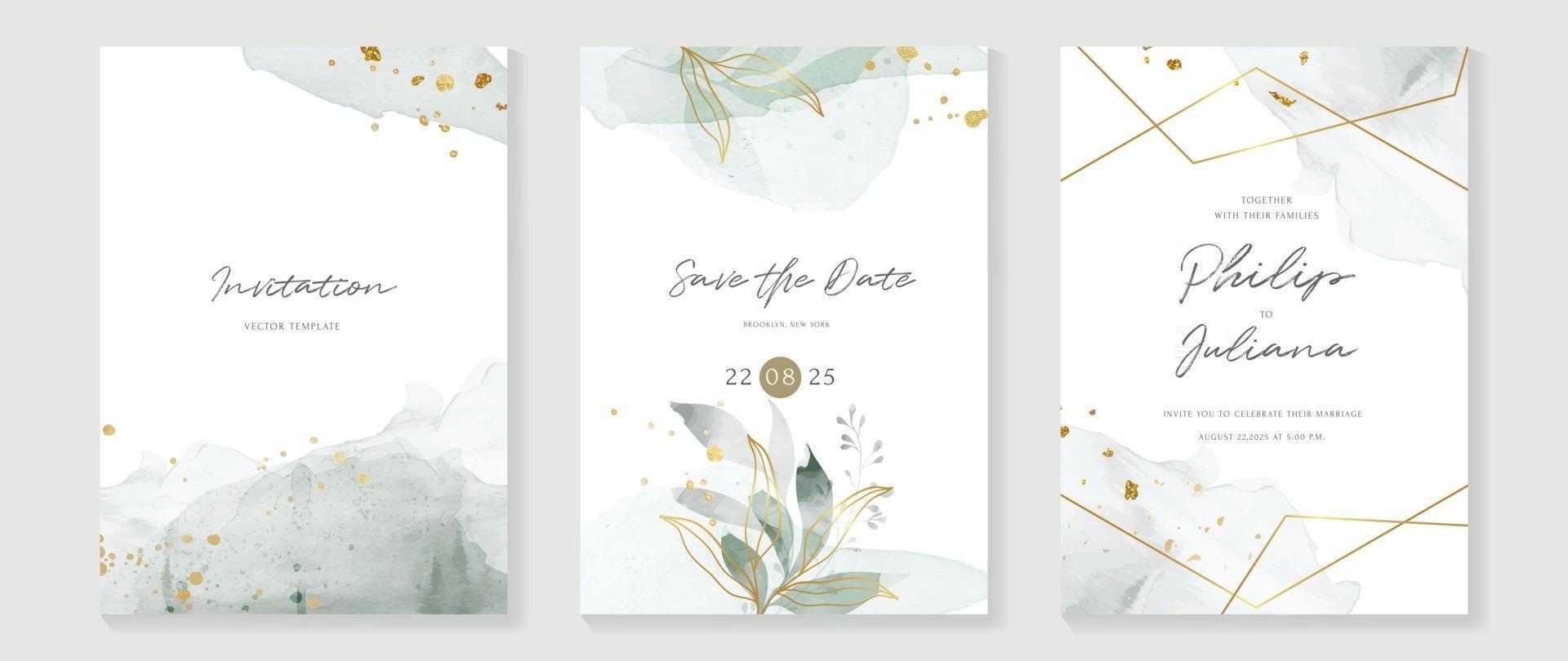 Abstract art background vector. Luxury invitation card background with golden line art flower and botanical leaves, Organic shapes, Watercolor. Vector invite design for wedding and vip cover template.