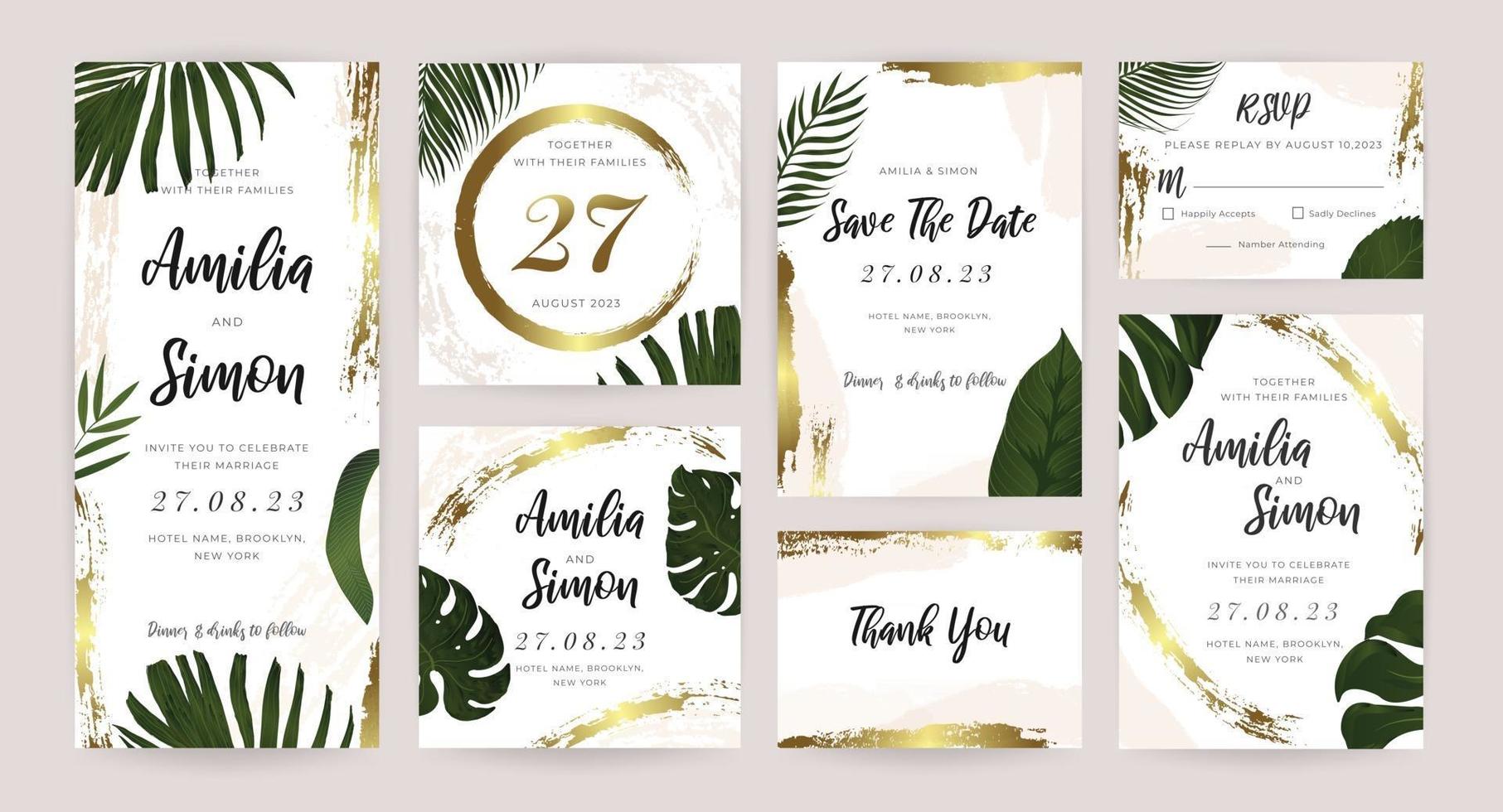 Colección de vectores de diseño de tarjeta de invitación de boda de oro tropical. Diseño estacionario para banner vip, impresión y fondo de portada.