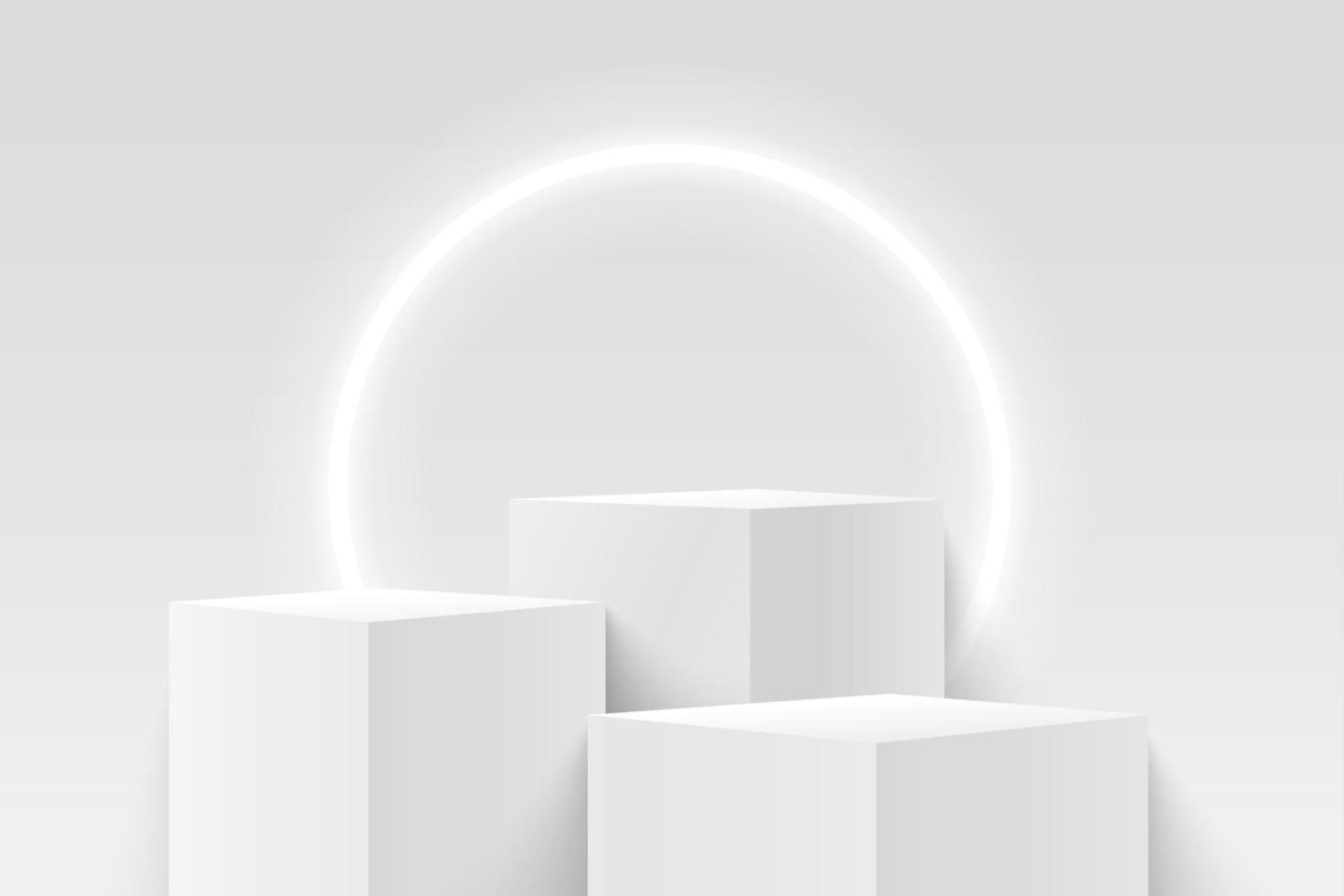 Representación vectorial abstracta en 3D para presentación de productos. moderno podio de pedestal de cubo blanco y gris con una habitación vacía y un fondo de neón circular. escena de pared mínima. vector