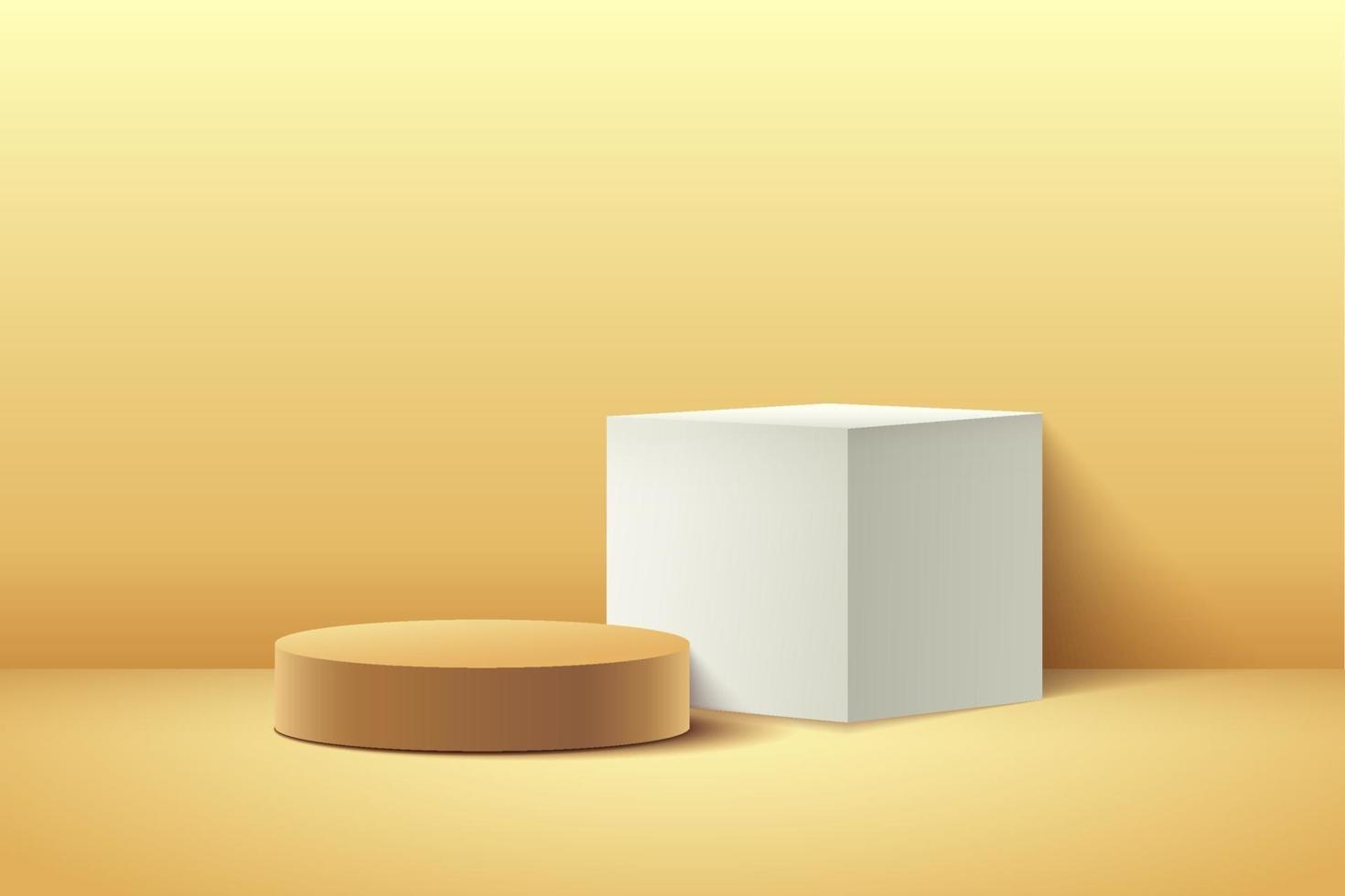 Abstract vector rendering 3d shape for cosmetic products display presentation. Modern white and yellow geometric pedestal podium with bright yellow empty room background. Minimal scene studio room.