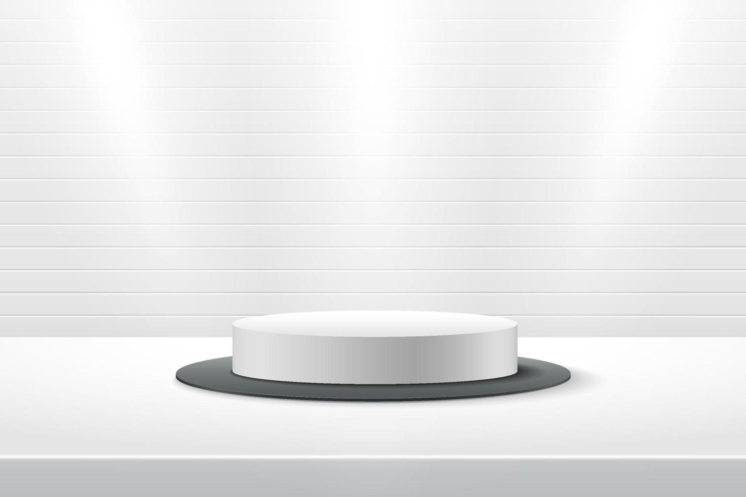 Abstract vector rendering 3d shape for products display presentation. Modern white and black cylinder pedestal podium on the table with brick wall scene background. Minimal scene studio room.