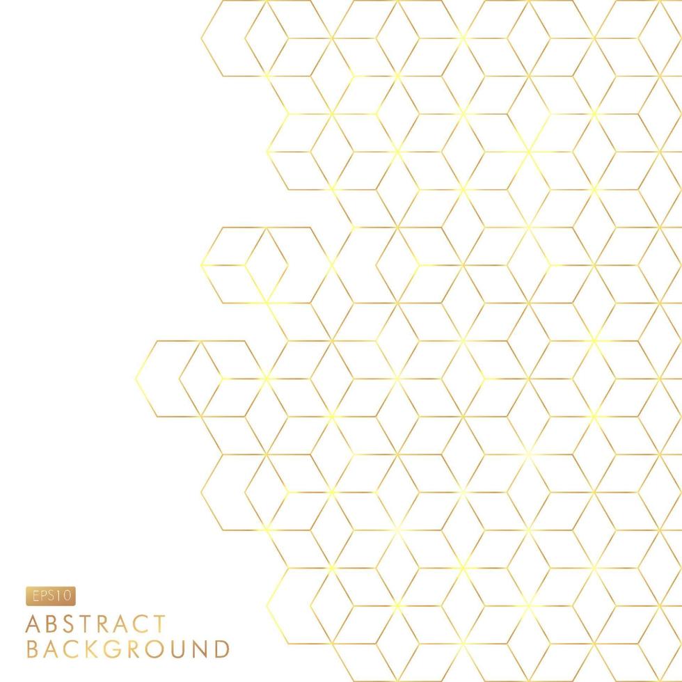 Geometric shapes golden color elements template for brochure, flyer, card, cover and wedding invitation, poster, banner, print, ad Gold hexagons border pattern on white background. Vector illustration