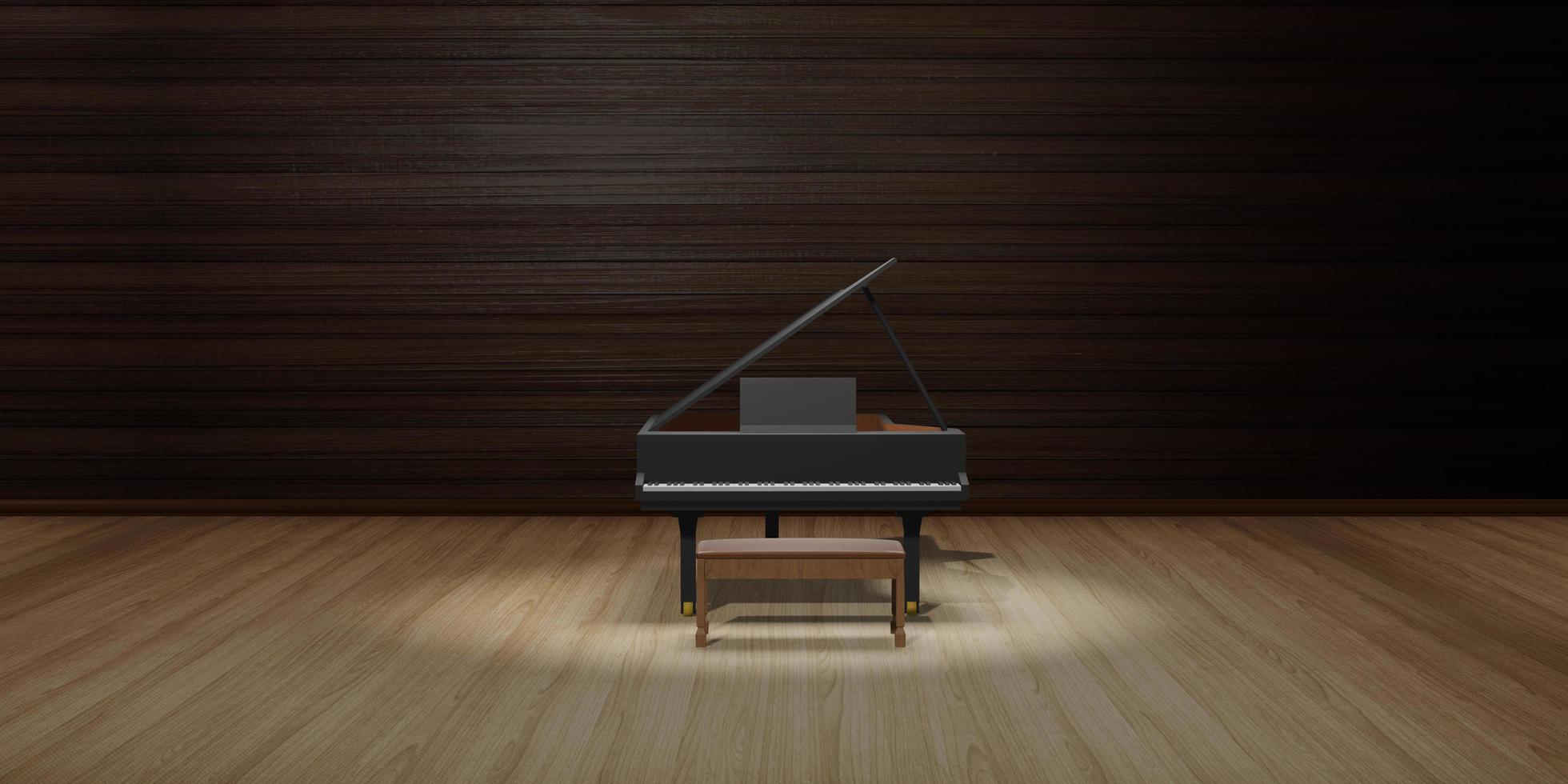 Piano on stage wooden floor and lighting 3D illustration photo