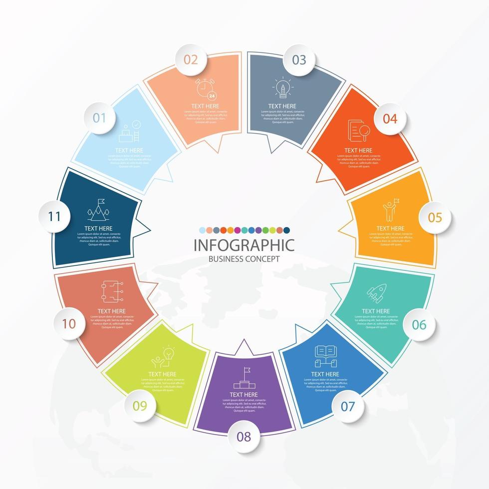 Plantilla de infografía de círculo básico con 11 pasos, proceso u opciones, diagrama de proceso, utilizado para diagrama de proceso, presentaciones, diseño de flujo de trabajo, diagrama de flujo, infografía. ilustración vectorial eps10. vector