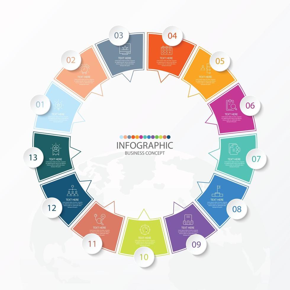 Basic circle infographic template with 13 steps, process or options, process chart, Used for process diagram, presentations, workflow layout, flow chart, infograph. Vector eps10 illustration.