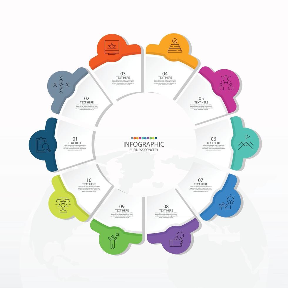 Basic circle infographic template with 10 steps, process or options, process chart, Used for process diagram, presentations, workflow layout, flow chart, infograph. Vector eps10 illustration.