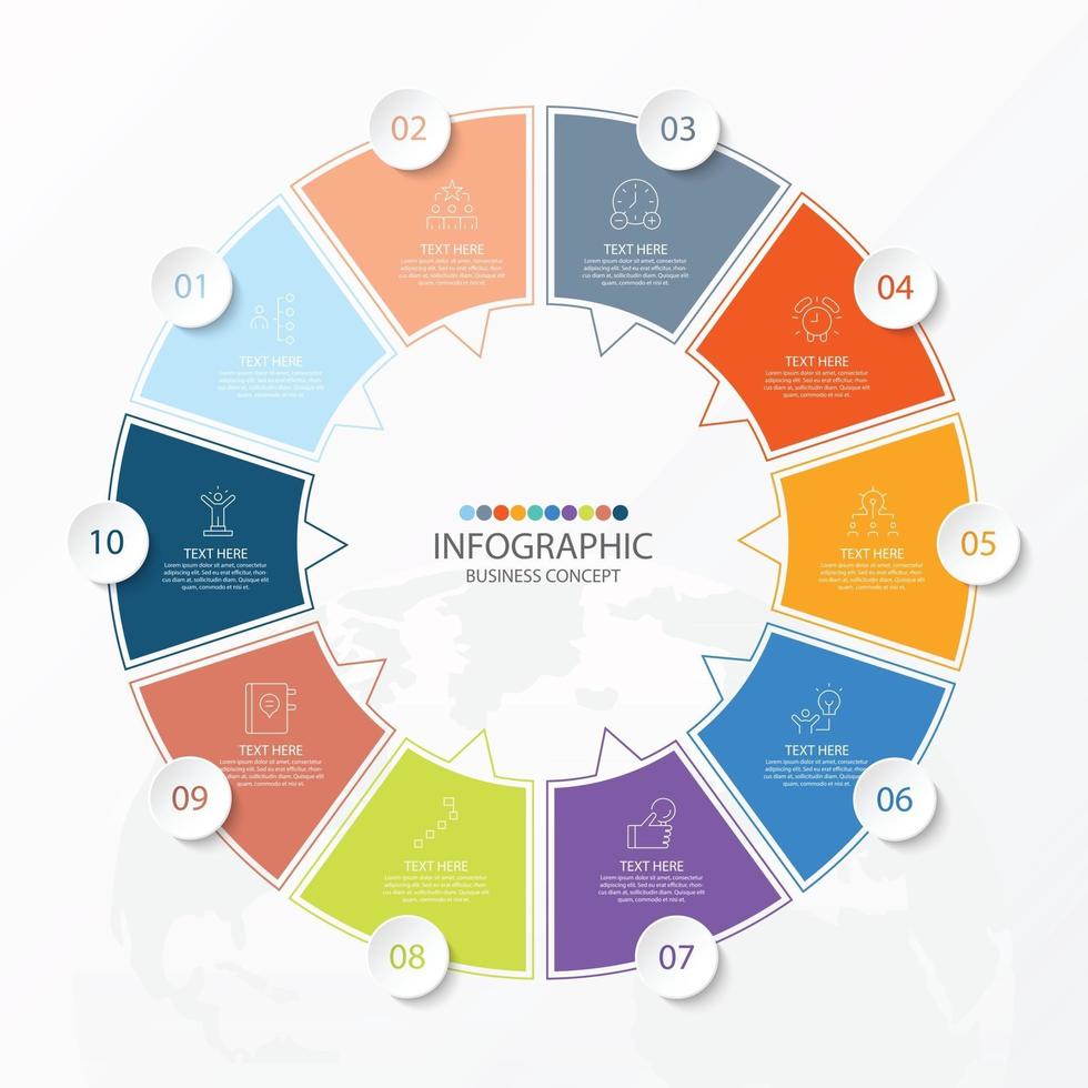 Basic circle infographic template with 10 steps, process or options, process chart, Used for process diagram, presentations, workflow layout, flow chart, infograph. Vector eps10 illustration.