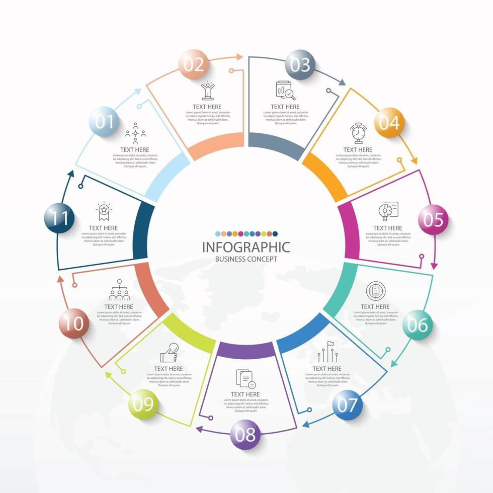 Basic circle infographic template with 11 steps, process or options, process chart, Used for process diagram, presentations, workflow layout, flow chart, infograph. Vector eps10 illustration.