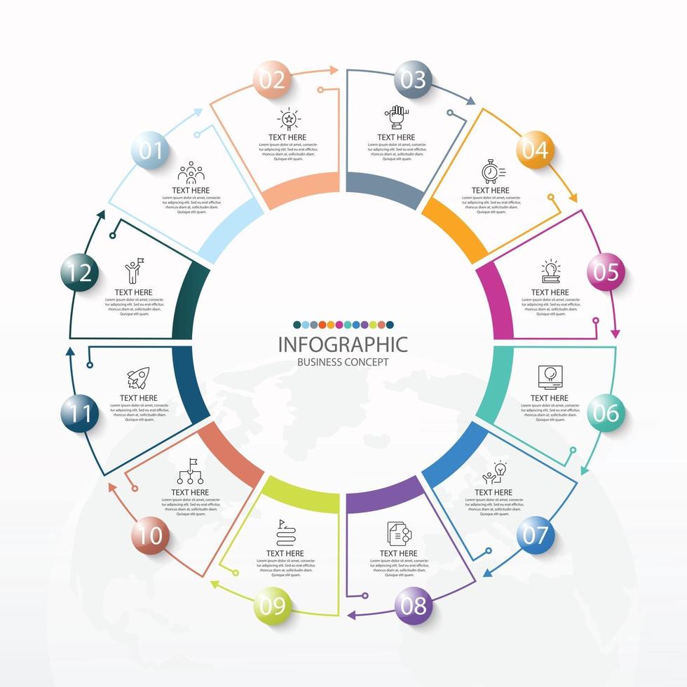 Basic circle infographic template with 12 steps, process or options, process chart, Used for process diagram, presentations, workflow layout, flow chart, infograph. Vector eps10 illustration.