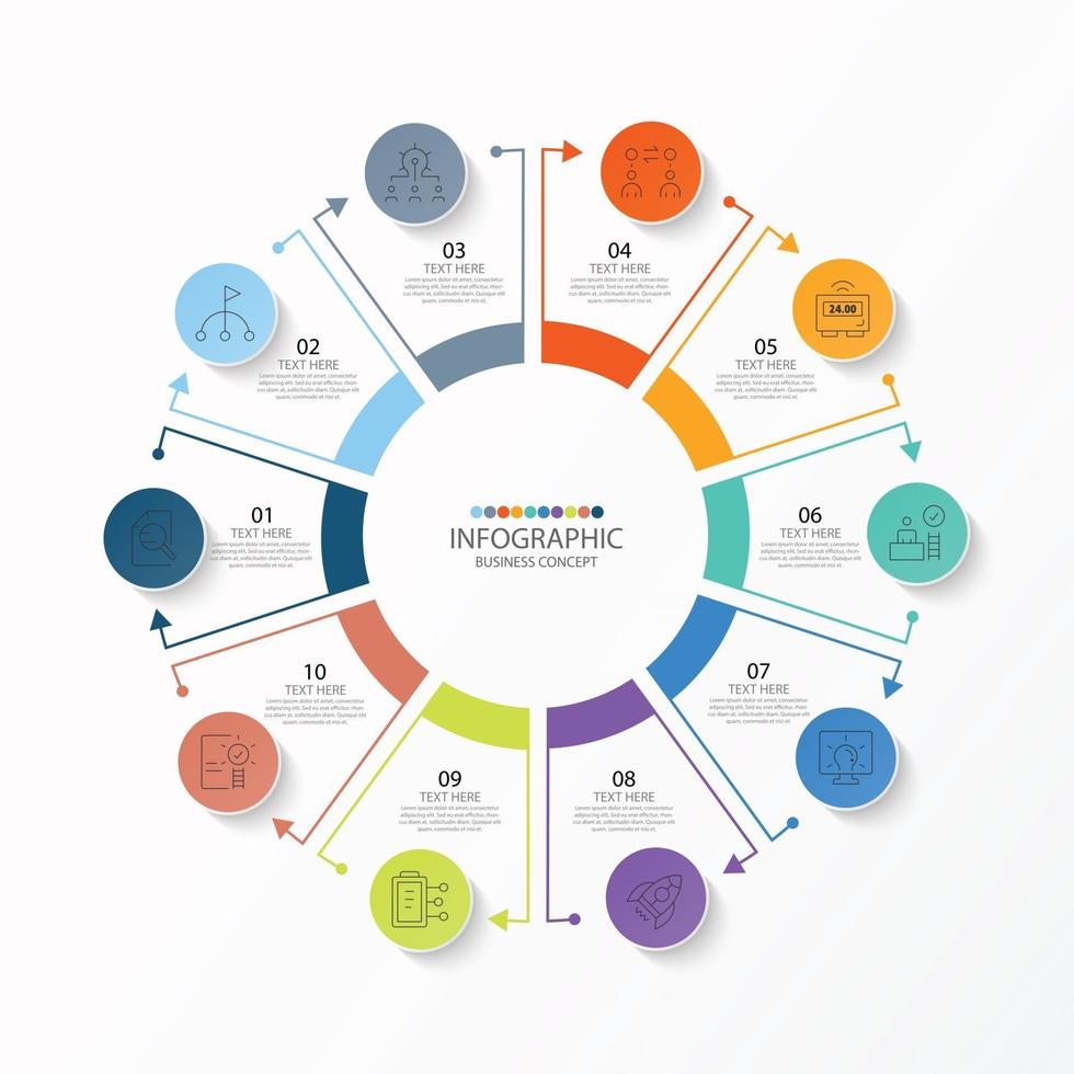 Basic circle infographic template with 10 steps, process or options, process chart, Used for process diagram, presentations, workflow layout, flow chart, infograph. Vector eps10 illustration.