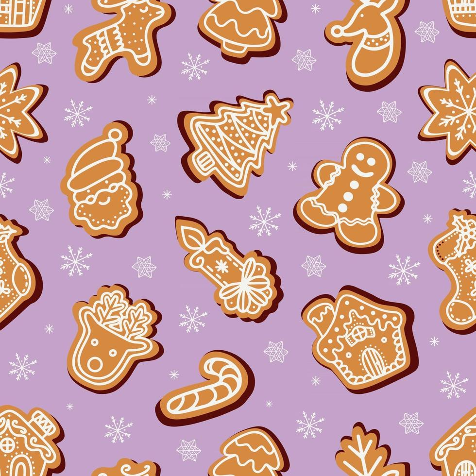 Seamless vector pattern of traditional gingerbread cookies of various shapes for Christmas celebration amidst snowflakes against violet background