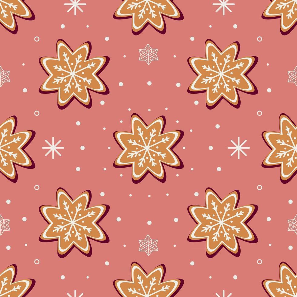 Seamless vector pattern of traditional gingerbread cookies of various shapes for Christmas celebration amidst snowflakes against violet background