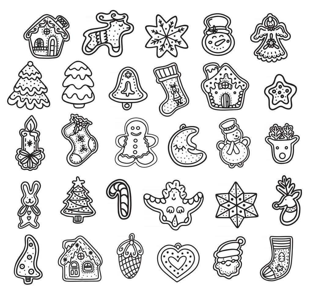 Collection of vector illustrations of graphic icons of traditional Xmas gingerbread cookies of various shapes