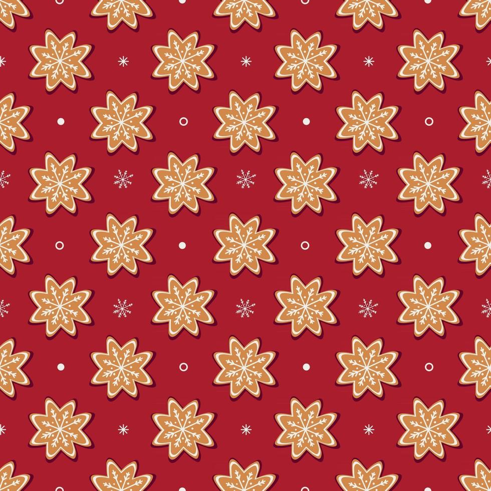 Seamless vector pattern of traditional gingerbread cookies and small white snowflakes on red background