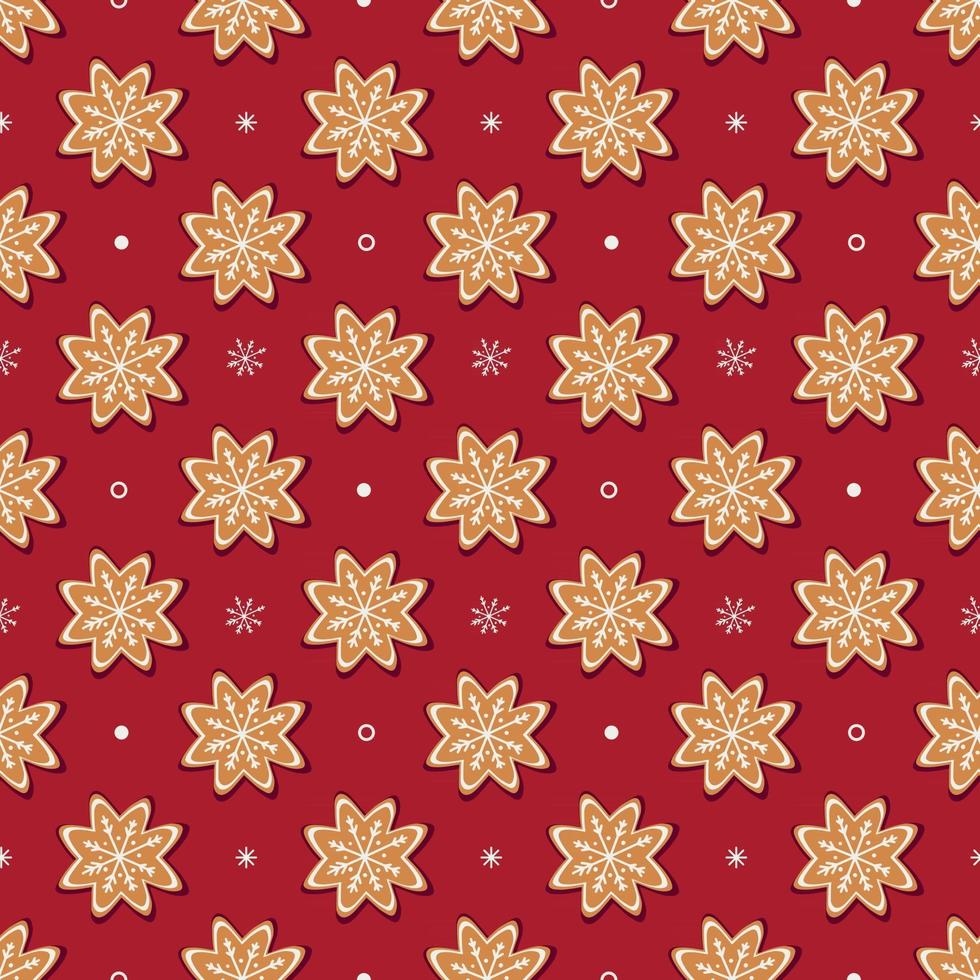 Seamless vector pattern of traditional gingerbread cookies and small white snowflakes on red background