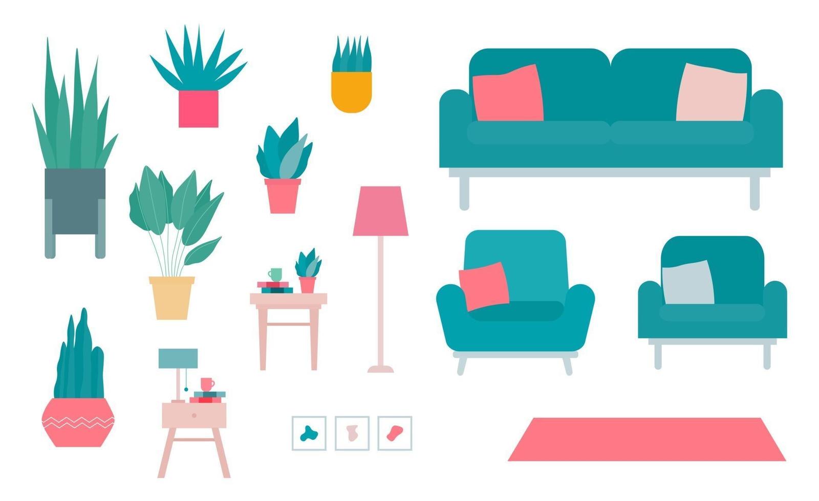 Set of Interior Elements and Plant Flat Vector Illustrations