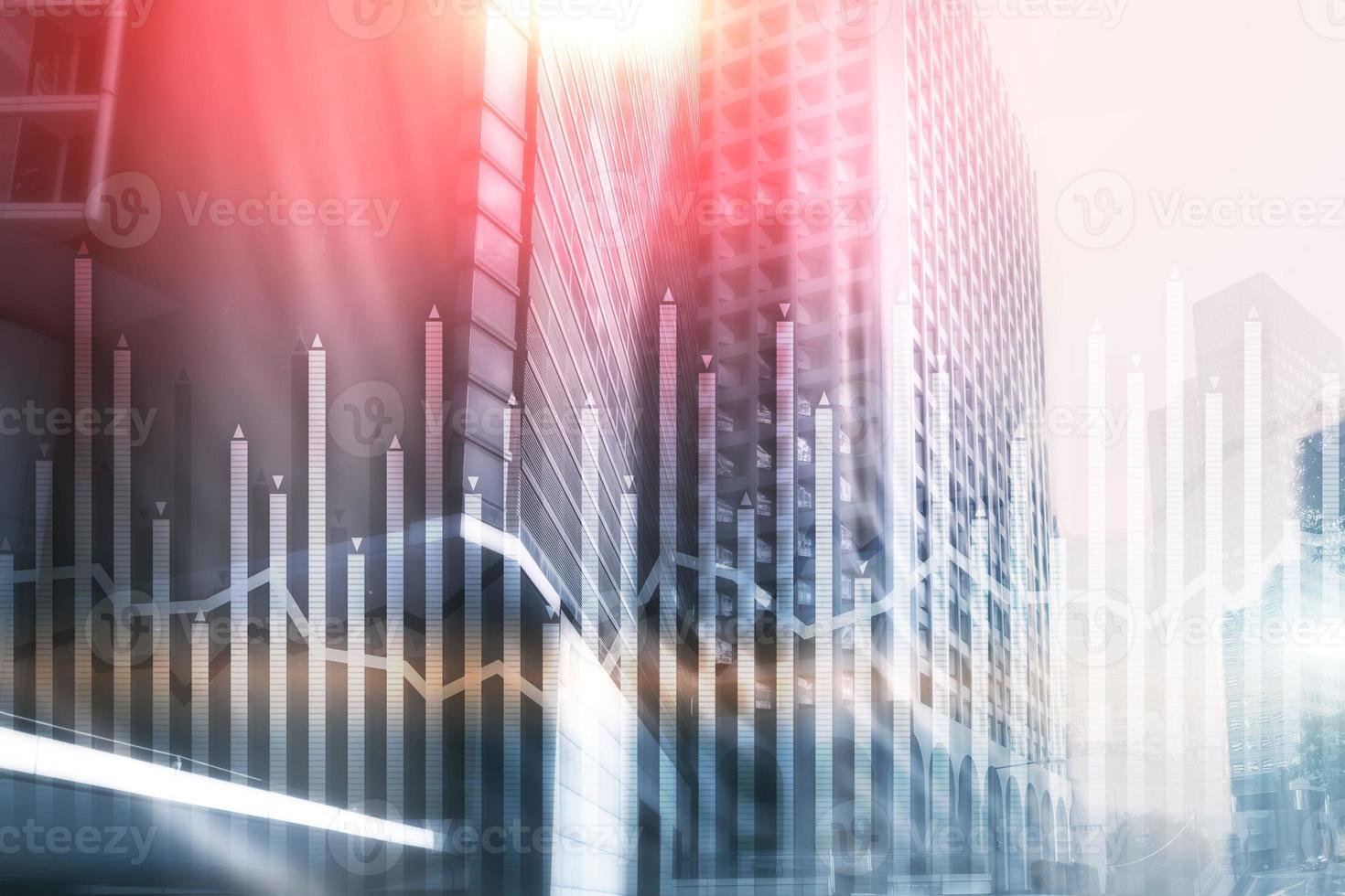 Histogram and lines economic chart of financial instrument on modern metropolis. Up and down arrows. photo