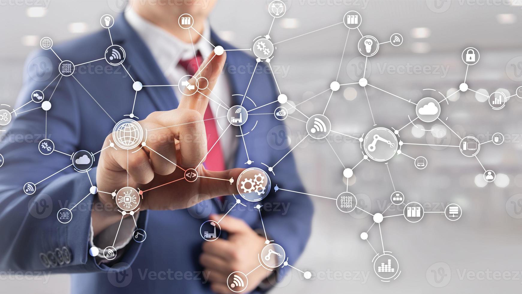 Technology industrial business process workflow organisation structure on virtual screen. IOT smart industry concept mixed media diagram photo