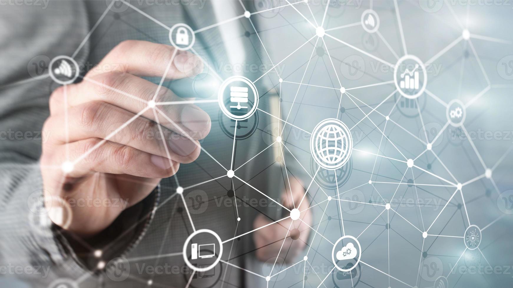 ICT - information and telecommunication technology and IOT - internet of things concepts. Diagrams with icons on server room backgrounds. photo