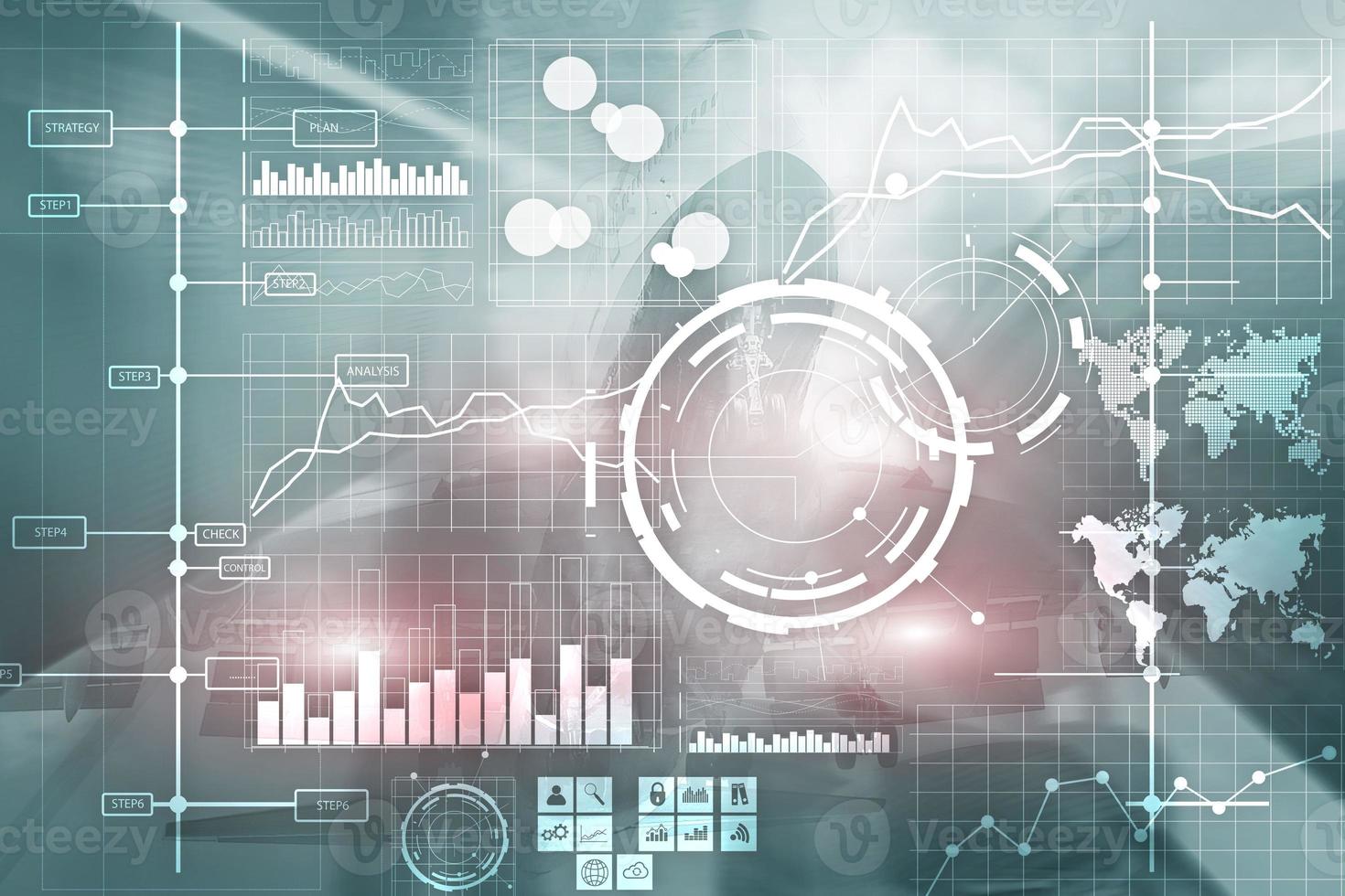 Business intelligence BI Key performance indicator KPI Analysis dashboard transparent blurred background. photo