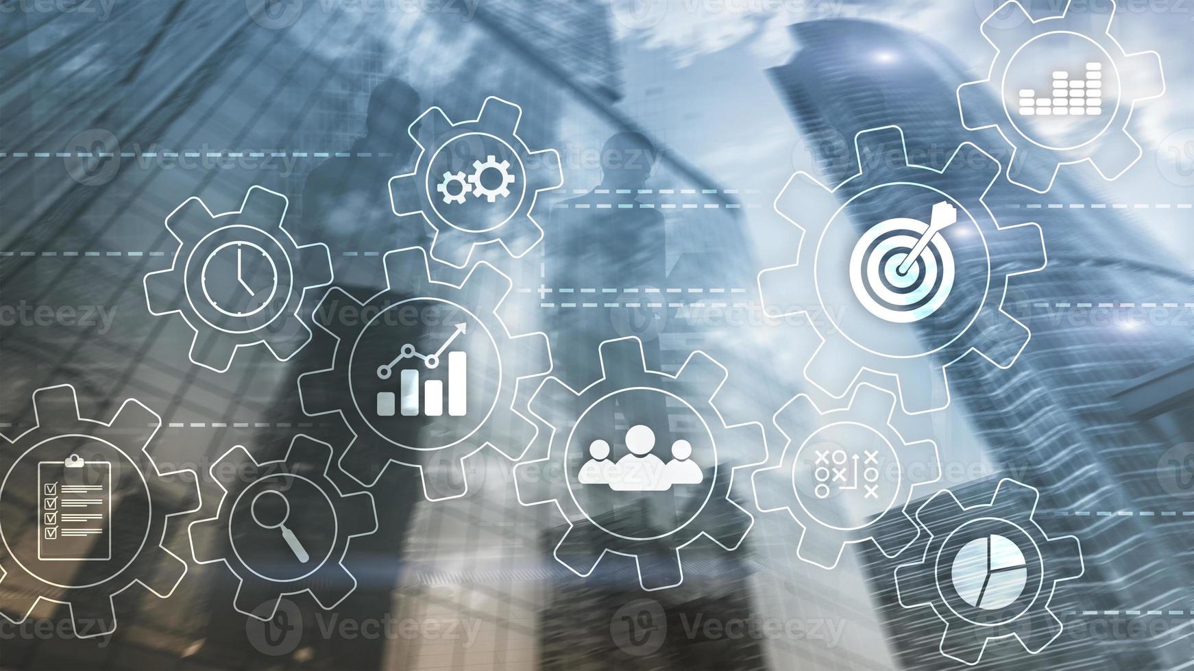 Business process automation concept. Gears and icons on abstract background photo