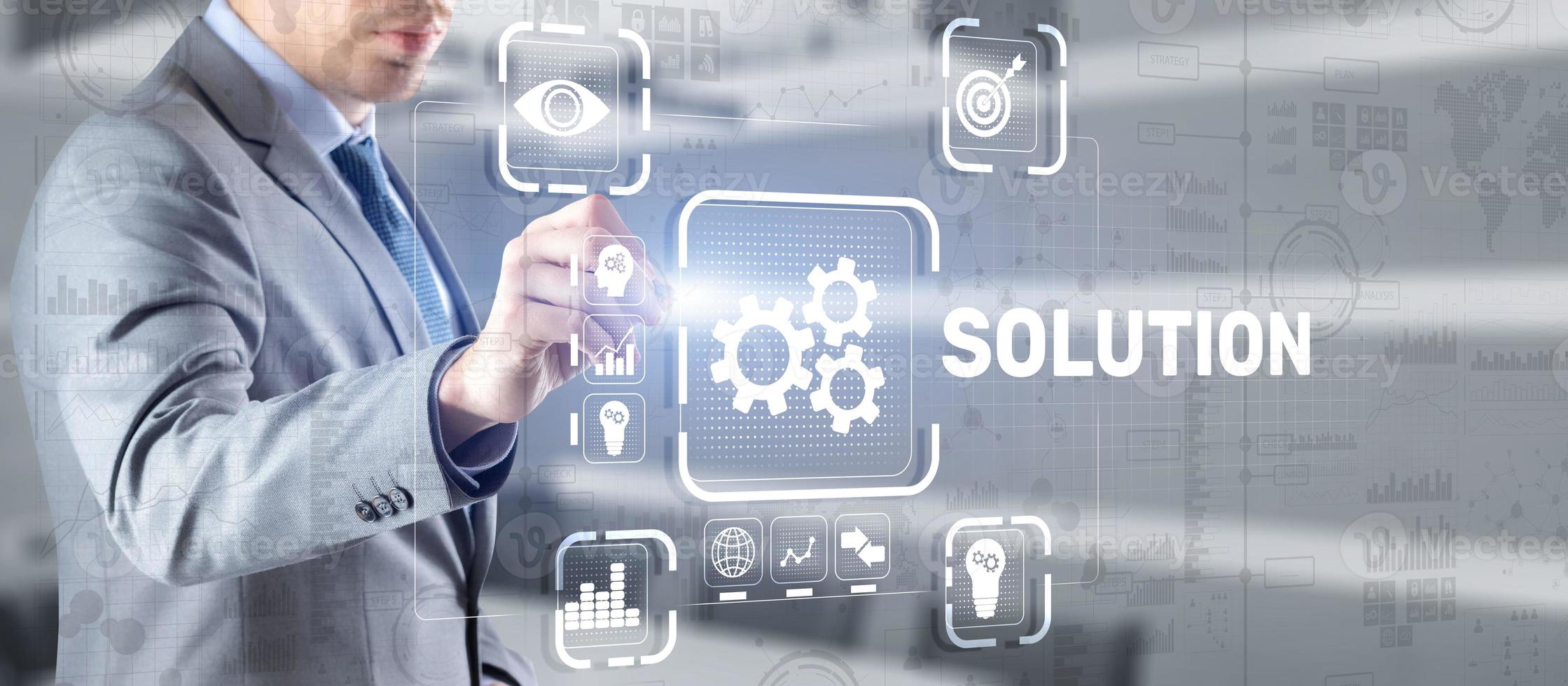 Solution. Businessman pressing on touch screen interface inscription Solutions. Business concept. Internet concept. 2909903 Stock Photo at Vecteezy