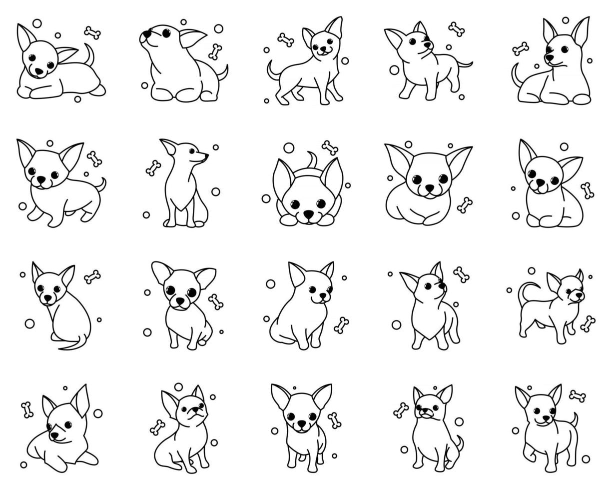 Cute Cartoon Vector Illustration icon set of Chihuahua puppy dogs. It is outline style.