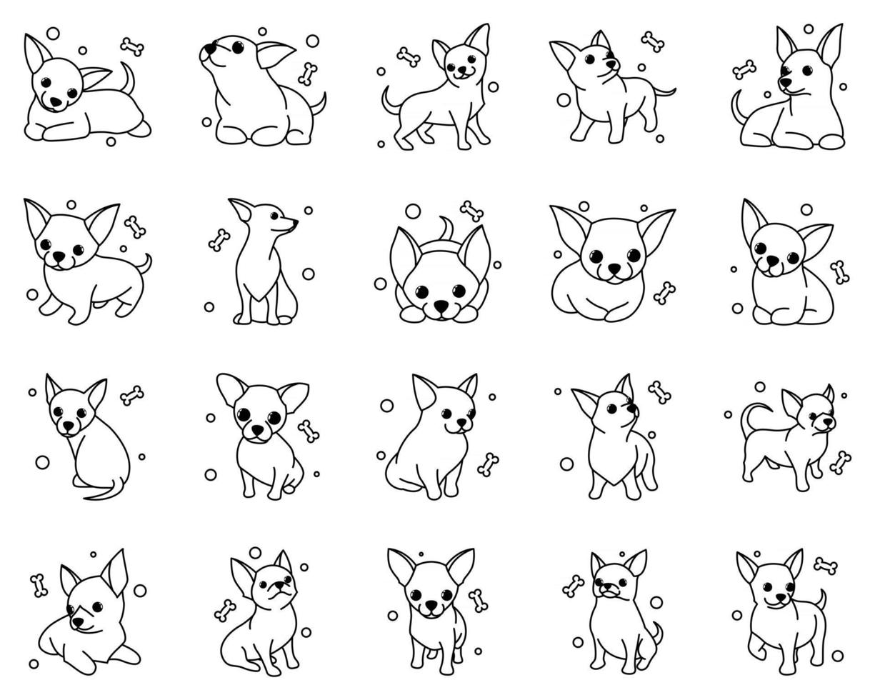 Conjunto de iconos de ilustración de vector de dibujos animados lindo de perros cachorros de chihuahua. es estilo de contorno.