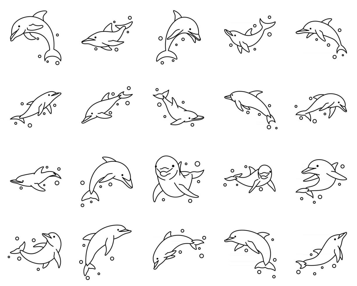 Line art vector illustration icon set of dolphin
