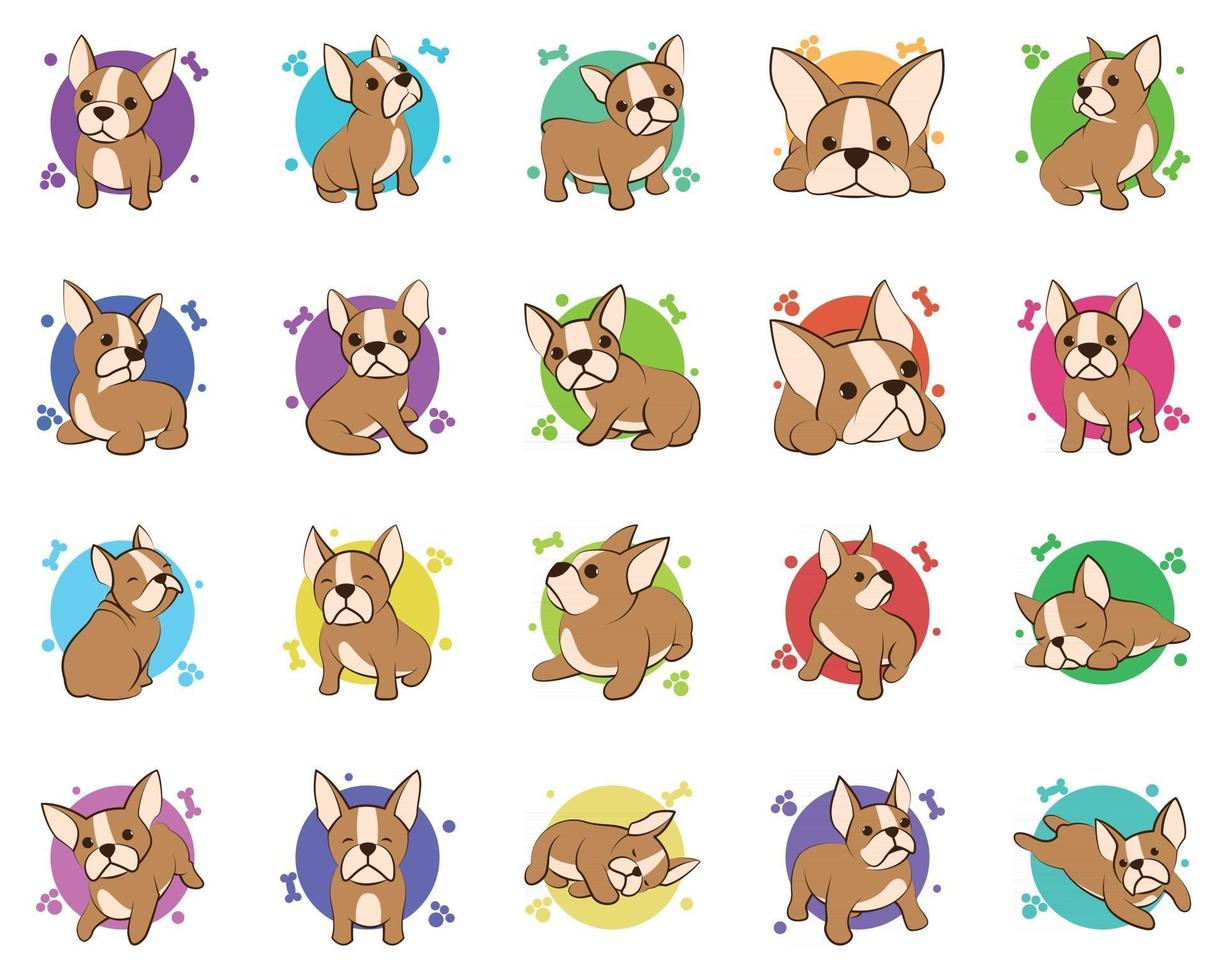 conjunto de iconos de ilustración de vector de color dibujos animados sobre un fondo blanco de lindos bulldogs franceses.