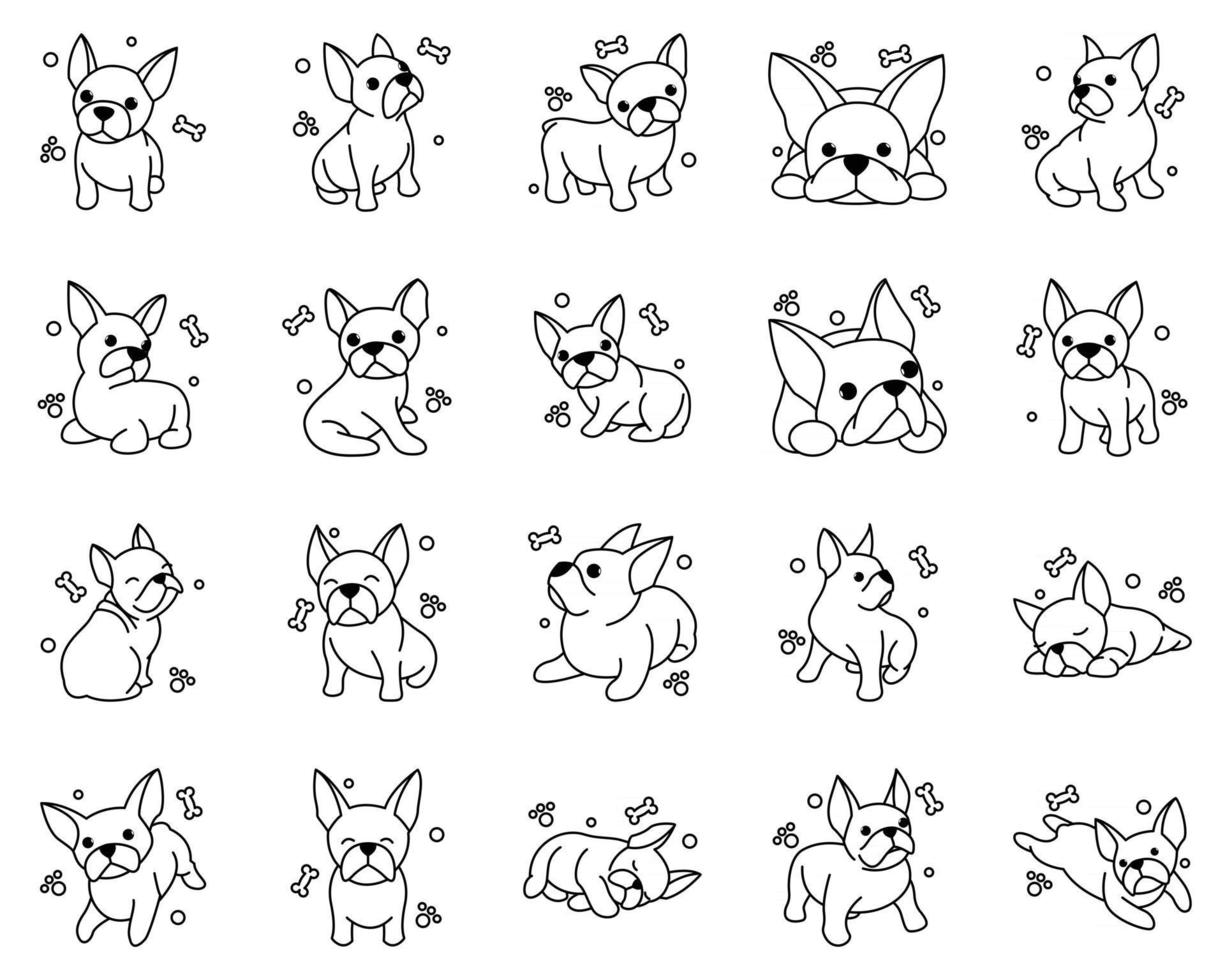 Black line vector illustration icon set cartoon on a white background of cute French Bulldog.