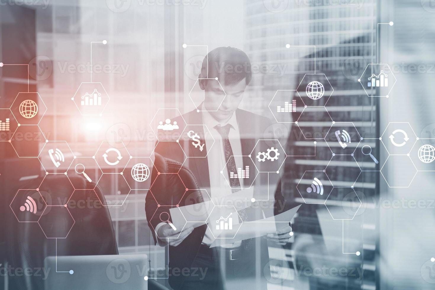 Diagram automation innovation concept. Against the background of young businessmen in the office. photo