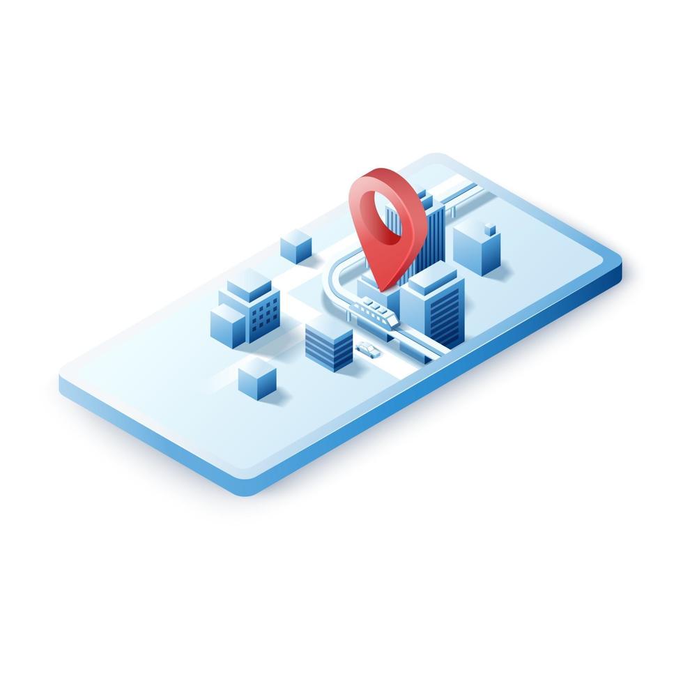 Navigator 3D isometric pin location checking on cityscape map background. Locator position point. with mobile phone application. Vector art illustration