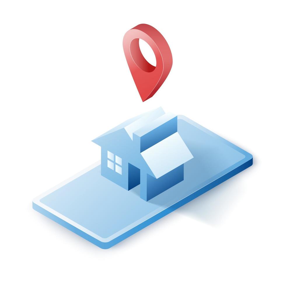 Navigator 3D isometric pin location checking on house. Locator position point. Vector art illustration