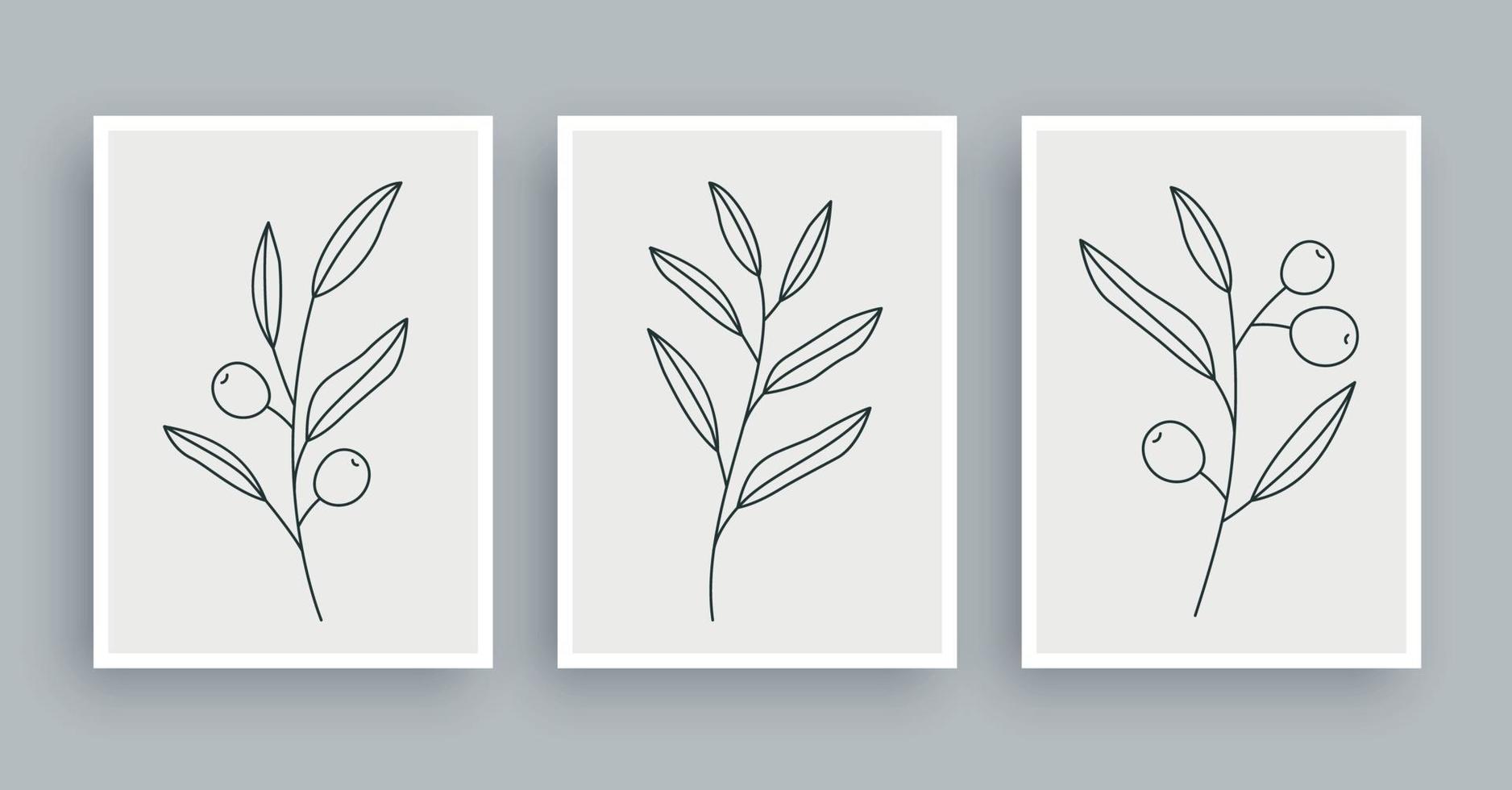 olive branch botanical wall art painting background. Foliage art and hand drawn line with abstract shape. Mid century scandinavian nordic style. vector