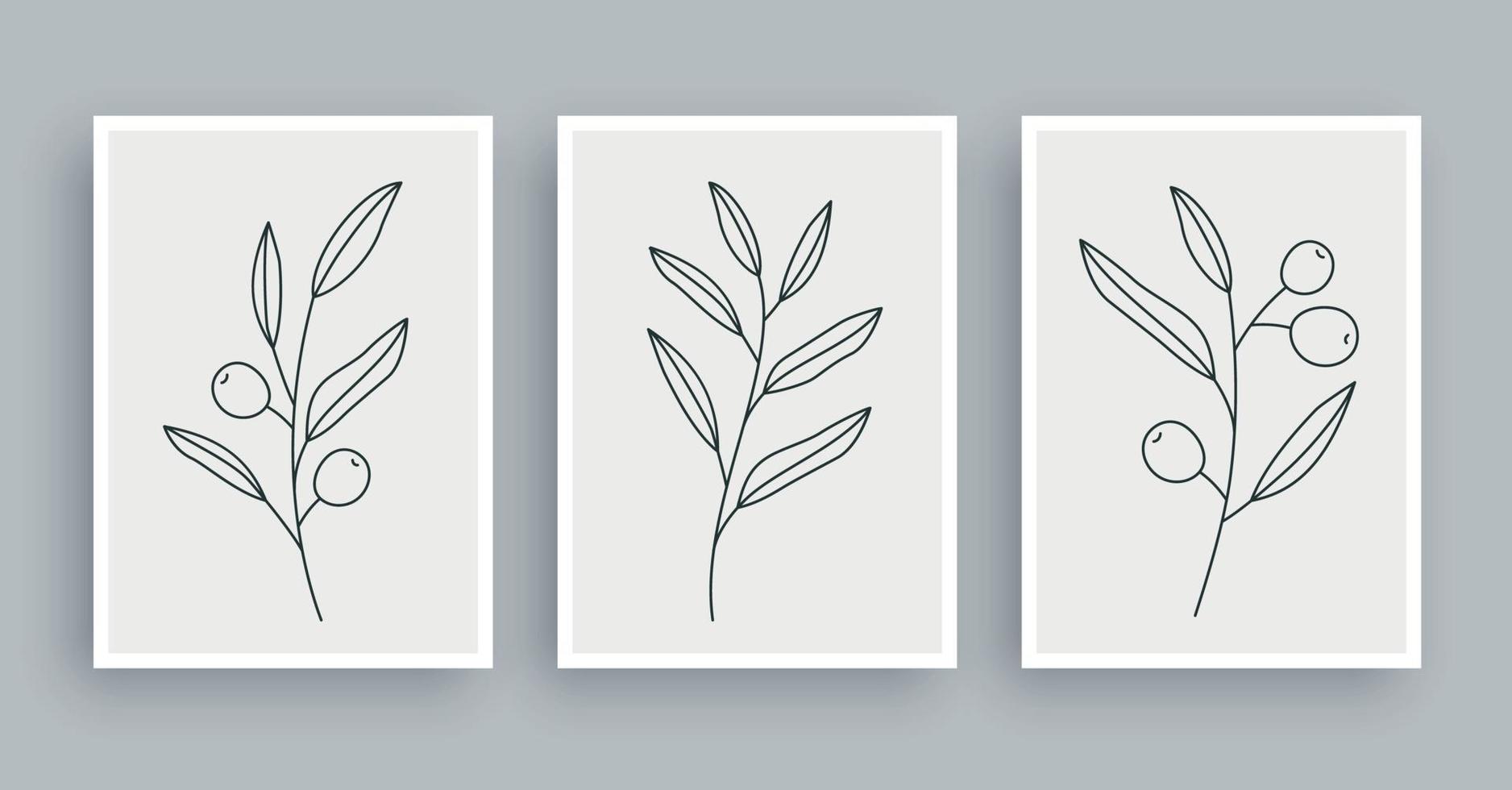 olive branch botanical wall art painting background. Foliage art and hand drawn line with abstract shape. Mid century scandinavian nordic style. vector