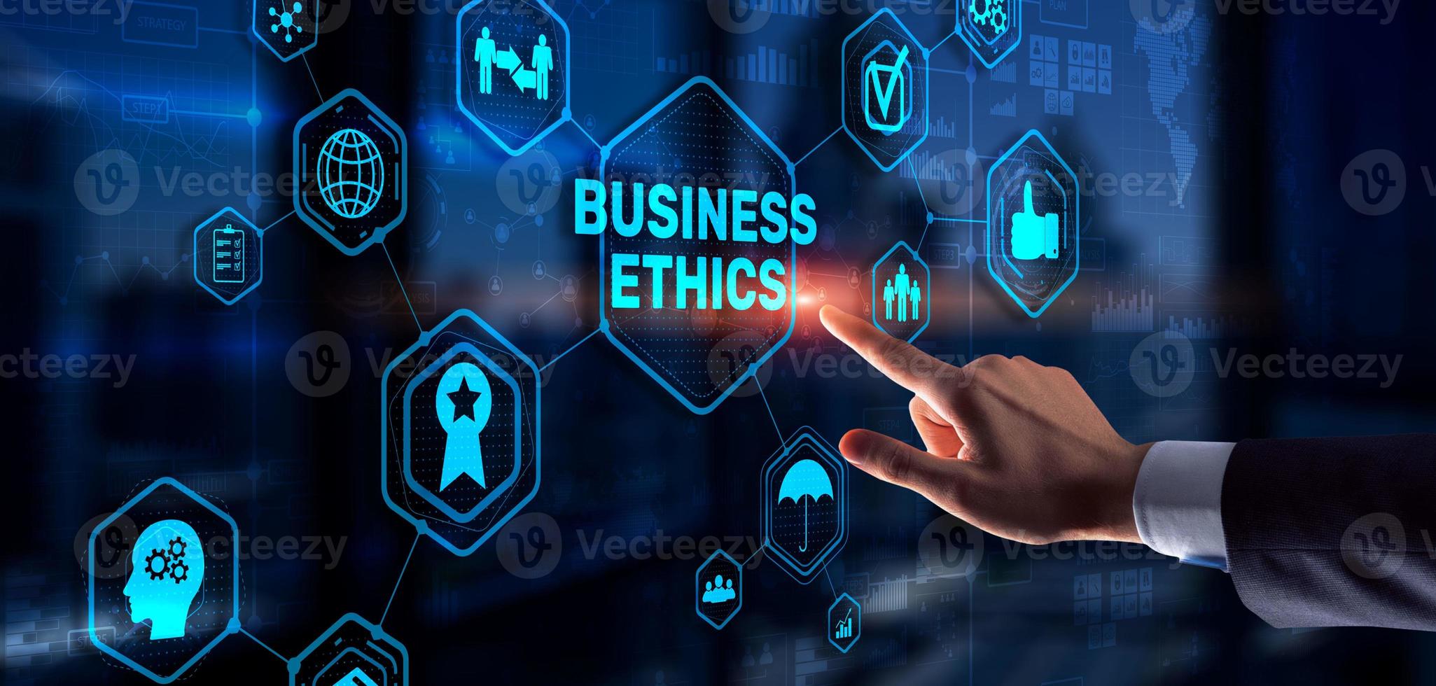 Business ethics Behavior and manners concept. Businessman pressing button on virtual screen photo